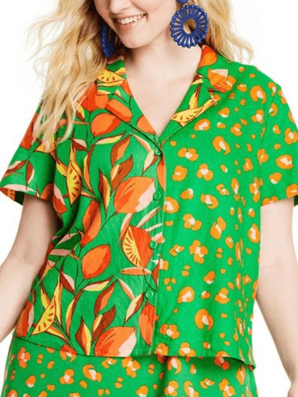 Woman’s Green and Orange Patchwork Floral Button-Down Linen Shirt - Picture 3 of 10